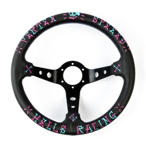 VERTEX SPEED STEERING WHEEL ..PINK/BLUE 350MM LEATHER