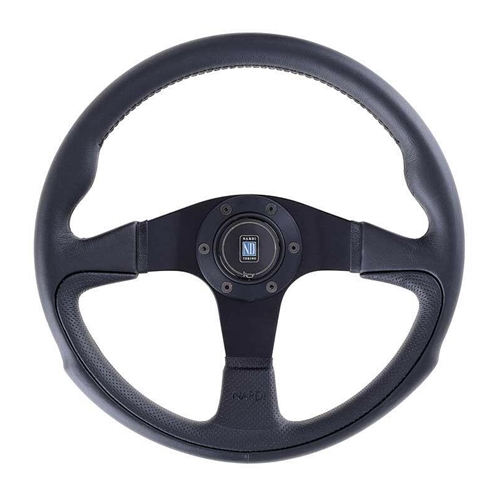 Nardi Challenge Steering Wheel - Black leather/grey cross-stitching/Black anodized spokes/horn button with Nardi logo - 350mm