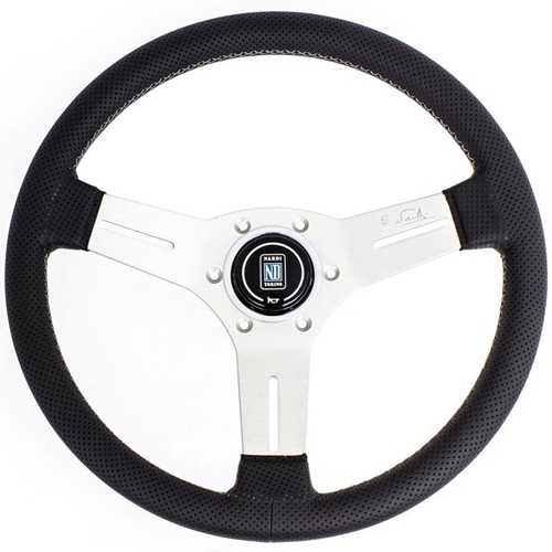 Nardi Competition Steering Wheel - Black perforated leather/grey cross-stitching/white anodized spokes/horn button with Nardi logo - 330mm