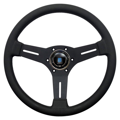 Nardi Competition Steering Wheel - Black perforated leather/grey cross-stitching/black anodized spokes/horn button with Nardi logo - 330mm