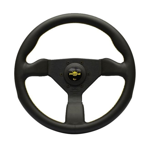 Personal Grinta Steering Wheel - Black Leather with Black Spokes & Yellow Stitching - 350mm