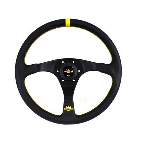 Personal Trophy Steering Wheel - Black Leather with Black Spokes Yellow Stitching- 350mm