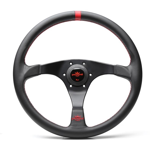 Personal Trophy Steering Wheel - Black Leather with Black Spokes Red Stitching- 350mm