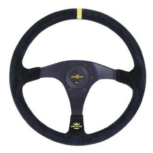 Personal Trophy Steering Wheel - Black Suede with Black Spokes Yellow Stitching- 350mm