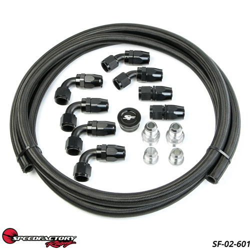 SpeedFactory B-Series Catch Can Hose and Fitting Kit - Includes -10 Hose/Fittings - 4 90's, 2 Straight, 2 45's and 10' of Black Braided Hose (2 M28x -10an, Block Plug, and 2 -10an Weld Bungs)