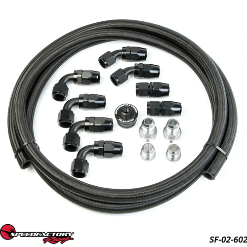 SpeedFactory B-Series Catch Can Hose and Fitting Kit - Includes -10 Hose/Fittings - 4 90's, 2 Straight, 2 45's and 10' of Black Braided Hose (2 M28x -10an, Crankcase Breather Port Fitting, and 2 -10an Weld Bungs)