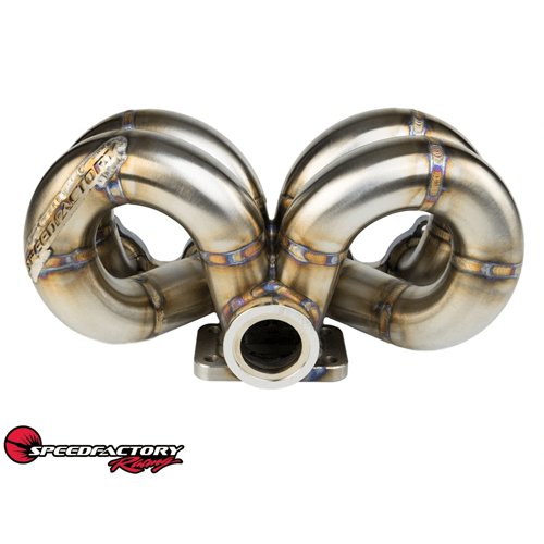 SpeedFactory Stainless Steel Turbo Manifold Ram Horn Style B Series T3 Flange w 44-46mm V-Band WG