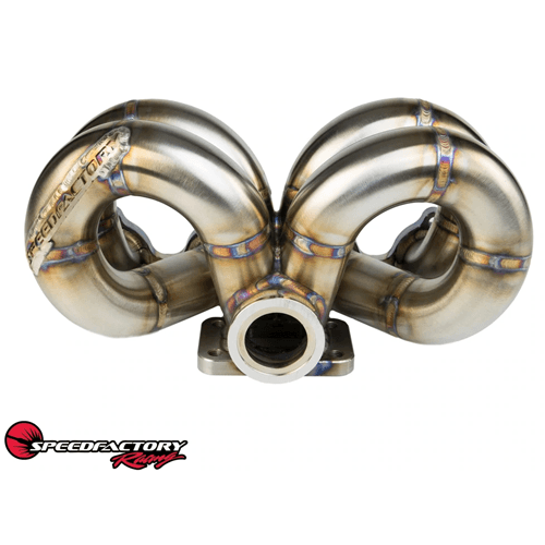 SpeedFactory Stainless Steel Turbo Manifold Ram Horn Style D Series T3 Flange w 44-46mm V-Band WG