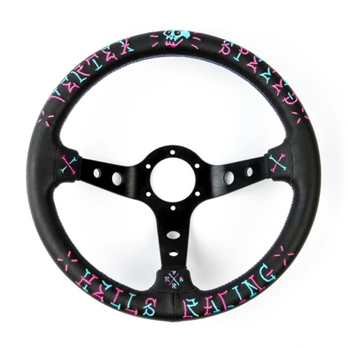 VERTEX SPEED STEERING WHEEL ..PINK/BLUE 350MM LEATHER