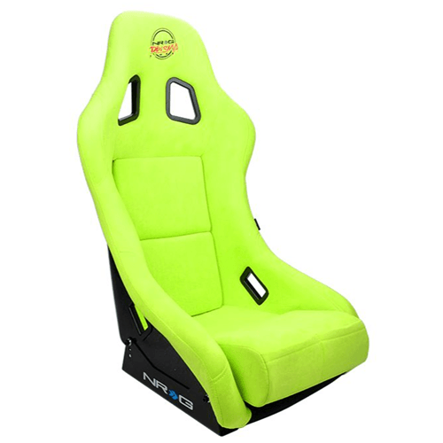 FRP Bucket Seat PRISMA Edition with pearlized back. All Neon Green alcantara vegan material w/ phone pockets. (Medium)