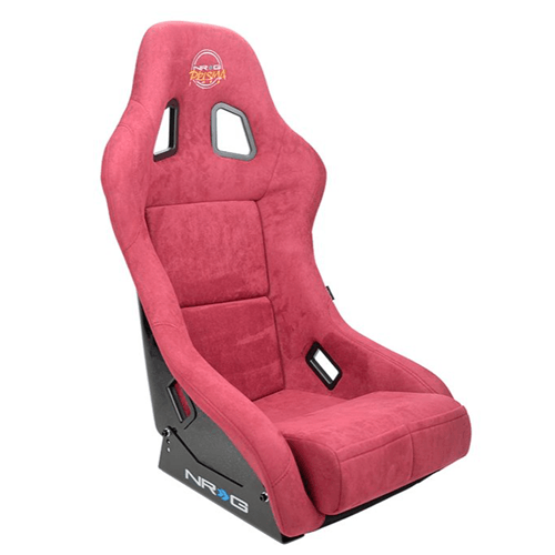 FRP Bucket Seat PRISMA Edition with pearlized back. All Maroon alcantara vegan material w/ phone pockets. (Medium)