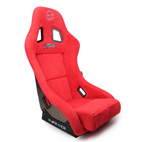 FRP Bucket Seat ULTRA Edition with peralized back, Red Alcantara material, phone pockets and special ultra embroidery (Medium)