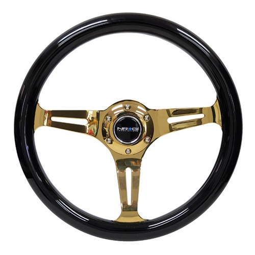 Classic Wood Grain Wheel - 350mm 3 Chrome Gold Spokes - Black Grip