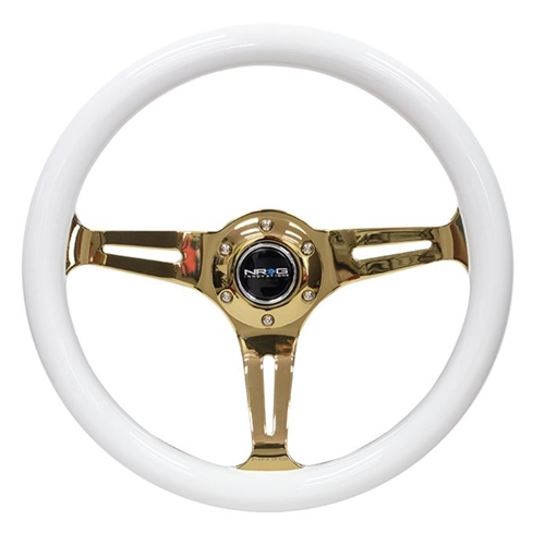 Classic Wood Grain Wheel - 350mm 3 Chrome Gold Spokes - White Grip