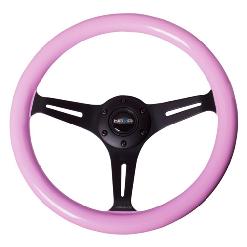 Classic Wood Grain Wheel, 350mm 3 black spokes, solid pink painted grip