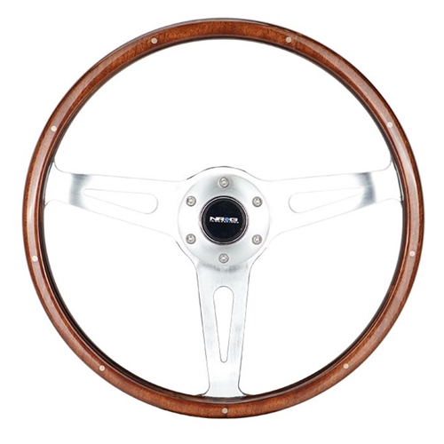 Classic Wood Grain Wheel, 365mm, 3 spoke center in polished aluminum, wood with metal accents