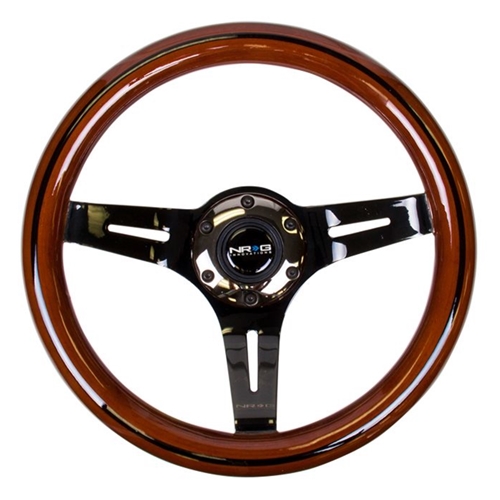 Classic Dark Wood Grain Wheel, Black line inlay, 310mm, 3 spoke center in Black Chrome