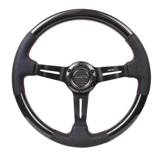 CARBON FIBER STEERING WHEEL W/ LEATHER ACCENT 350mm 1.5" DEEP RED STICHING