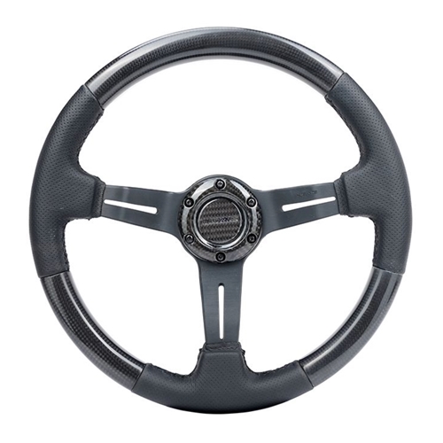 CARBON FIBER STEERING WHEEL W/ LEATHER ACCENT 350mm 1.5" DEEP BLACK STICHING