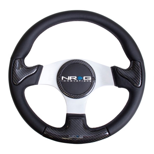 CARBON FIBER STEERING WHEEL 350mm SILVER frame blk stitching w/ RUBBER COVER HORN BUTTON