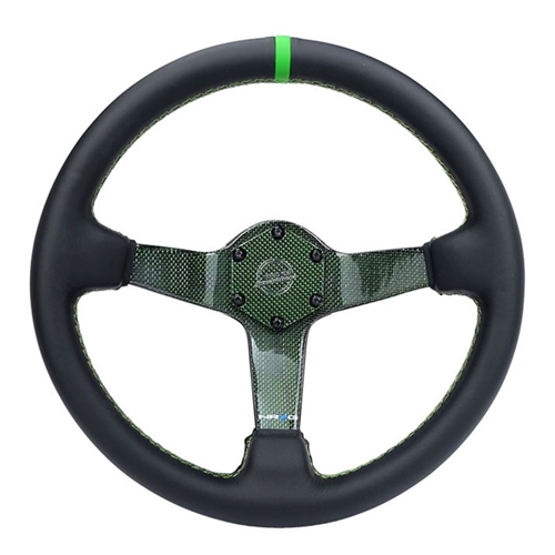 CARBON FIBER STEERING WHEEL 350mm Green Carbon Fiber, Green stiching, Green center mark, Leather