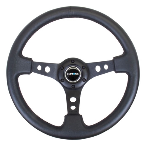 Reinforced Steering Wheel - 350mm Sport Steering Wheel (3" Deep) - Black Spoke w/ Round holes / Black Leather