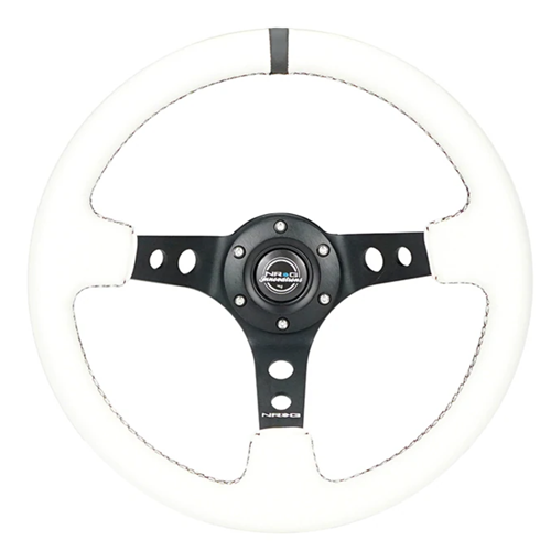 Reinforced Steering Wheel - 350mm Sport Steering Wheel (3" Deep) - Black Spoke w/ Round holes / White Leather / White Stripes