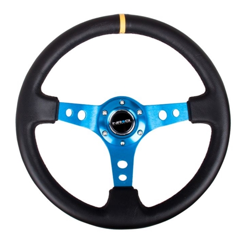 Reinforced Steering Wheel - 350mm Sport Steering Wheel (3" Deep) - Blue Spoke w/ Round holes / Black Leather and Yellow center stripe