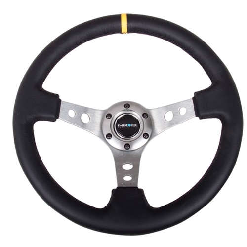 Reinforced Steering Wheel - 350mm Sport Steering Wheel (3" Deep) - Gun Metal Spoke w/ Round holes / Black Leather / Yellow Center Mark