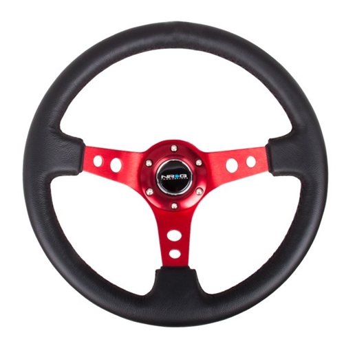 Reinforced Steering Wheel - 350mm Sport Steering Wheel (3" Deep) - Red Spoke w/ Round holes / Black Leather