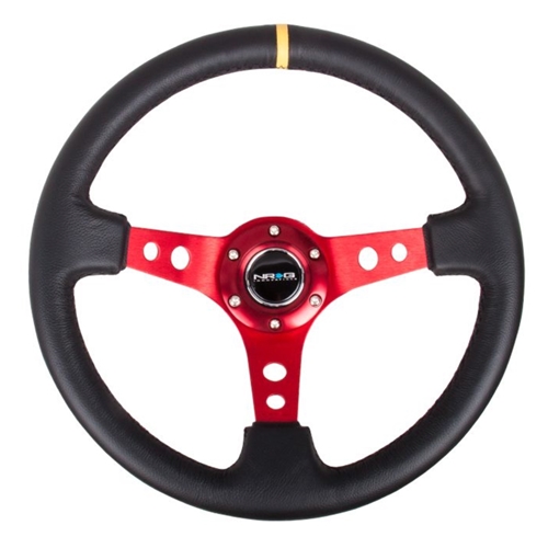 Reinforced Steering Wheel - 350mm Sport Steering Wheel (3" Deep) - Red Spoke w/ Round holes / Black Leather / Yellow Center Mark