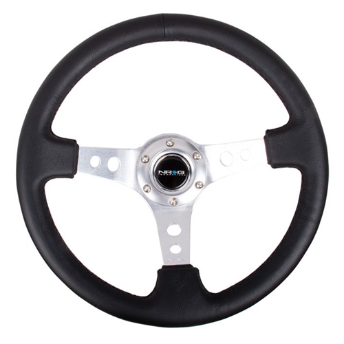 Reinforced Steering Wheel - 350mm Sport Steering Wheel (3" Deep) - SILVER Spoke w/ Round holes / Black Leather