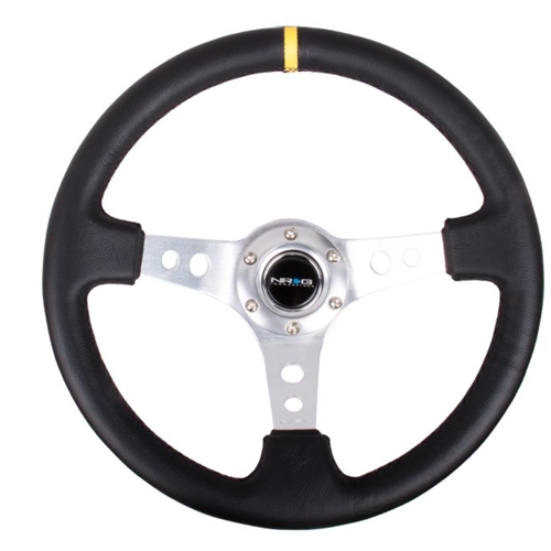 Reinforced Steering Wheel - 350mm Sport Steering Wheel (3" Deep) - SILVER Spoke w/ Round holes / Black Leather / Yellow Center Mark