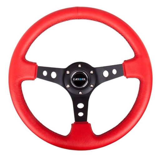 Reinforced Steering Wheel - 350mm Sport Steering Wheel (3" Deep) - Black Spoke w/ Round holes / Red Leather / Black Stitch