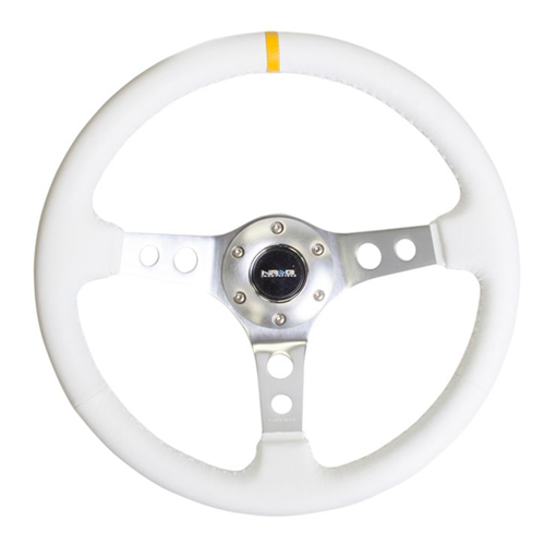 Reinforced Steering Wheel - 350mm Sport Steering Wheel (3" Deep) Silver Spoke with White Leather finish and White Stitch