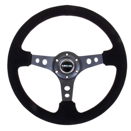 Reinforced Steering Wheel - 350mm Sport Steering Wheel (3" Deep) - Black Spoke Suede Black Stitch