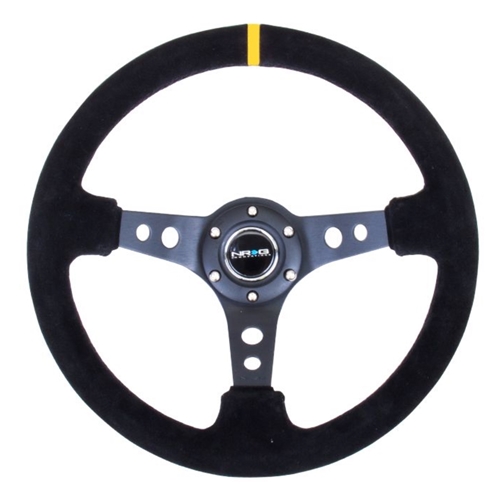 Reinforced Steering Wheel - 350mm Sport Steering Wheel (3" Deep) - Suede Black Stitch w/ Yellow Center Mark