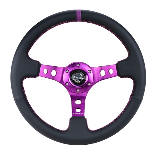 Reinforced Steering Wheel - 350MM Sport Steering Wheel (3" Deep) - Black Suede, Purple center mark with purple stitching