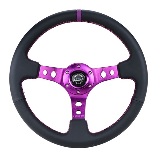 Reinforced Steering Wheel - 350MM Sport Steering Wheel (3" Deep) - Black Leather, Purple center mark with purple stitching