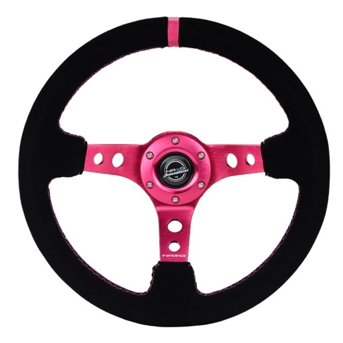 Reinforced Steering Wheel - 350MM Sport Steering Wheel (3" Deep) - Black Suede Fushia center mark with Fushia stitching. Fushia Center spoke