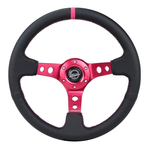 Reinforced Steering Wheel - 350MM Sport Steering Wheel (3" Deep) - Black Leather Fushia center mark with Fushia stitching.Fushia Center spoke