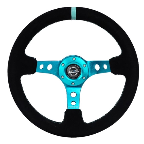 Reinforced Steering Wheel - 350MM Sport Steering Wheel (3" Deep) - Black Suede Teal center mark with Teal stitching and Teal Center spoke