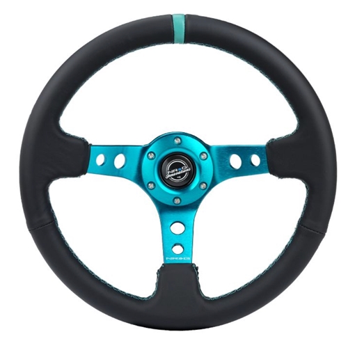 Reinforced Steering Wheel - 350MM Sport Steering Wheel (3" Deep) - Black Leather Teal center mark with Teal stitching and Teal Center spoke