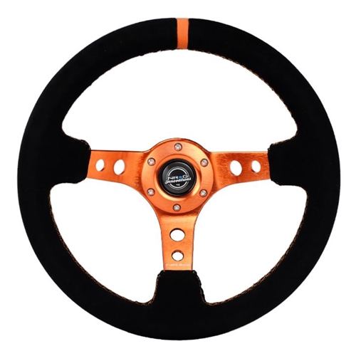 Reinforced Steering Wheel - 350MM Sport Steering Wheel (3" Deep) - Black Suede Orange center mark with Orange stitching and Orange Center spoke