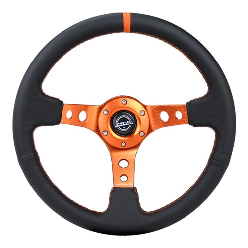 Reinforced Steering Wheel - 350MM Sport Steering Wheel (3" Deep) - Black Leather Orange center mark with Orange stitching and Orange Center spoke