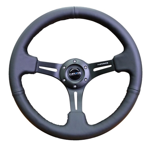 Reinforced Steering Wheel 350mm Sport Steering Wheel (3" Deep) Black Leather with Black Stitching