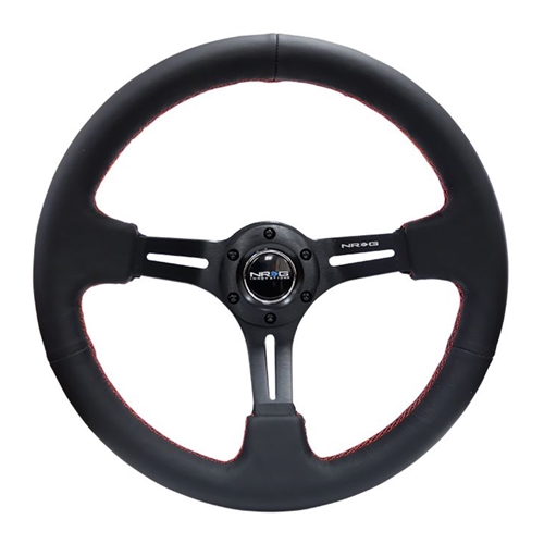 Reinforced Steering Wheel 350mm Sport Steering Wheel (3" Deep) Black Leather with Red Stitching