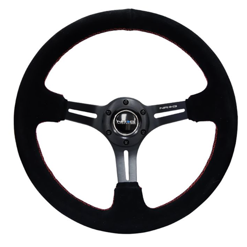 Reinforced Steering Wheel 350mm Sport Steering Wheel SUEDE (3" Deep) Black Leather with Red Stitch