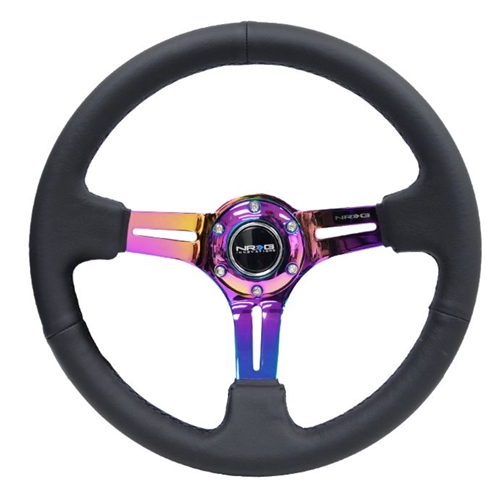 Reinforced Steering Wheel 350mm Sport Steering Wheel Leather (3" Deep) Black Stitch with slits in Neochrome