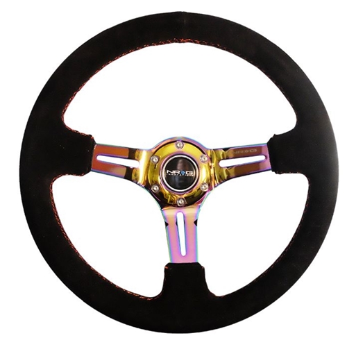 Reinforced Steering Wheel 350mm Sport Steering Wheel Suede (3" Deep) Red Stitch with slits in Neochrome